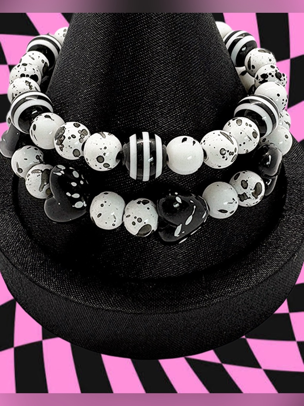 Handmade Black & White Splatter Beaded Stretch Bracelet Set of 2